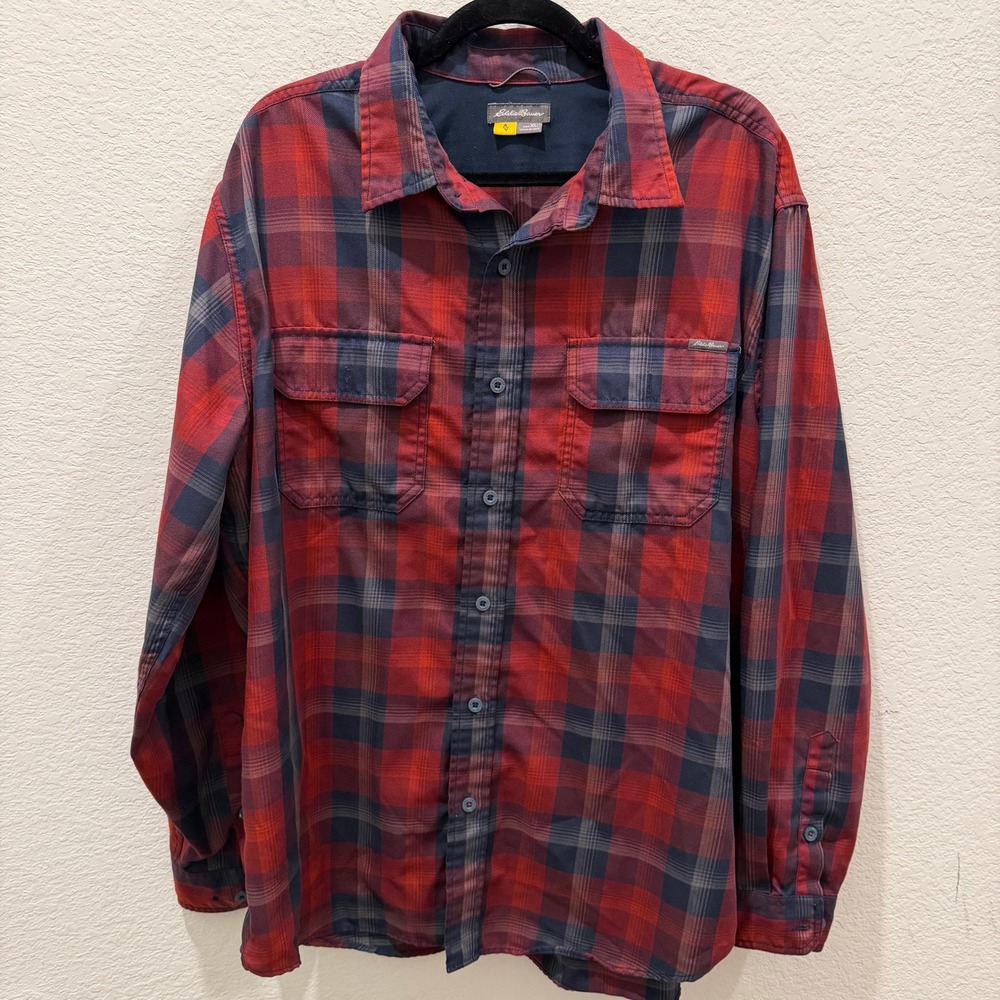 Eddie Bauer Mens XL Red Navy Blue Plaid Flannel Button Down Shirt Long Sleeve
